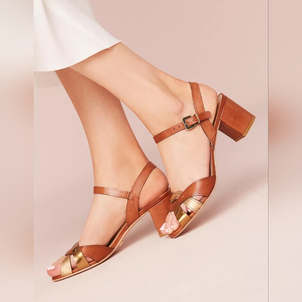 Anthropologie Vicenza Metallic Block Heel Sandals - Size 38, Excellent Condition